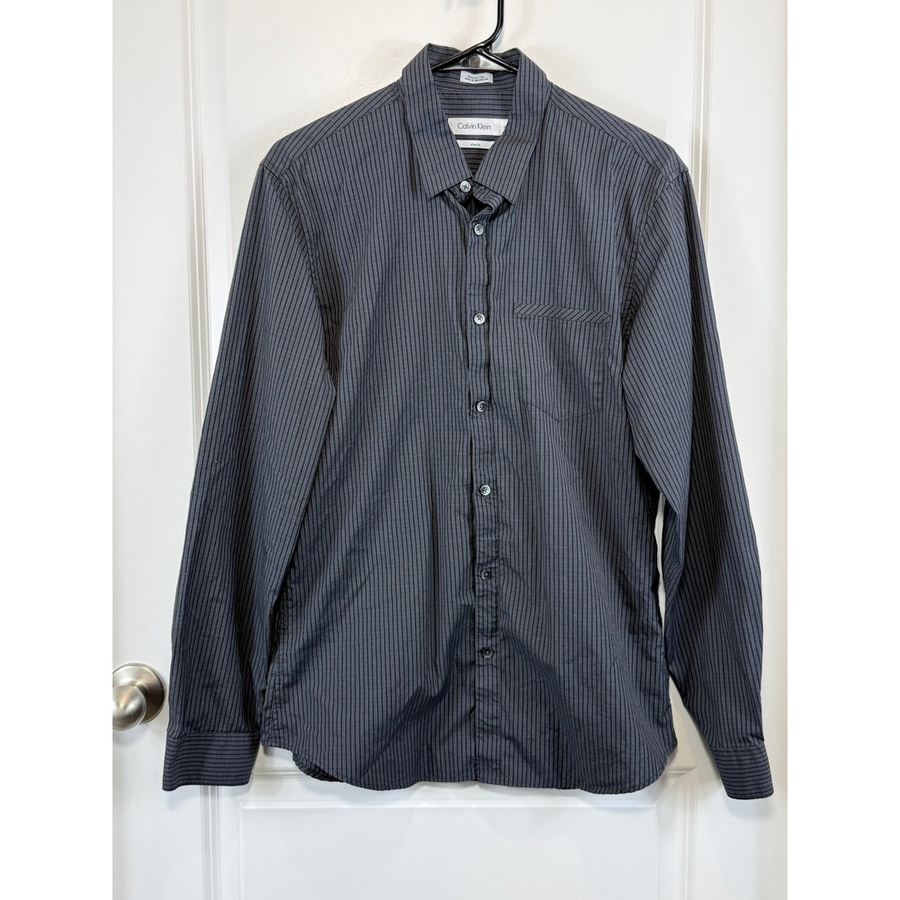 Calvin Klein Mens Slim Fit Long Sleeve Button Down Shirt Grey Black Striped M